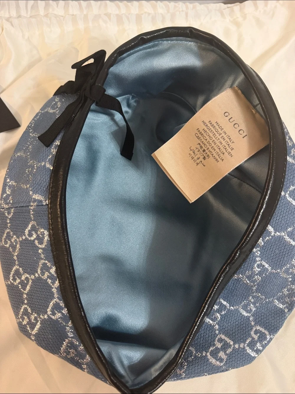 Gucci Light Blue Monogram Beret with Black Bow Trim